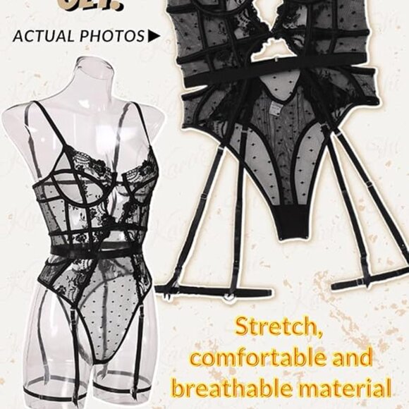 Kaei&Shi Black Floral Underwire Removable Garter Thigh Straps Bodysuit Small - Picture 6 of 8